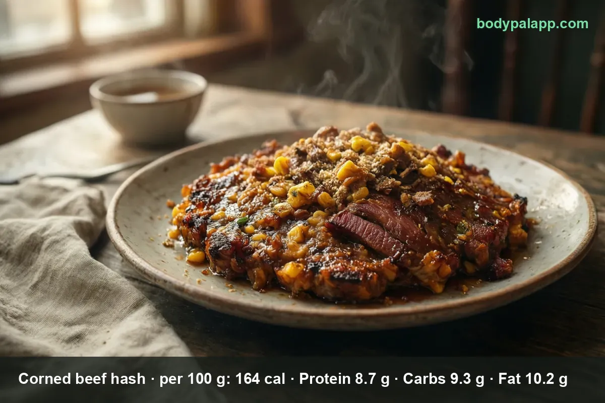 Plated serving of corned beef hash, chopped browned beef with yellow corn kernels and a slice of red corned beef on top, sauce bowl behind.