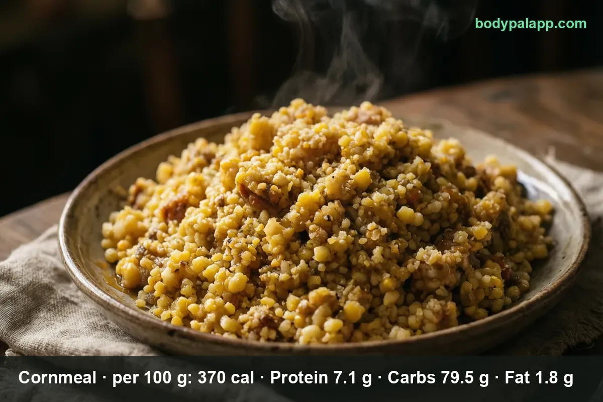 Cooked crumbly yellow cornmeal with dark flecks in a rustic bowl