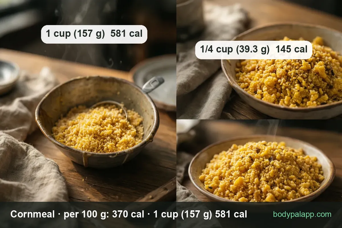 Bowl of dry fine yellow cornmeal with a scoop beside cooked crumbly cornmeal, labeled 1 cup 581 cal and 1/4 cup 145 cal