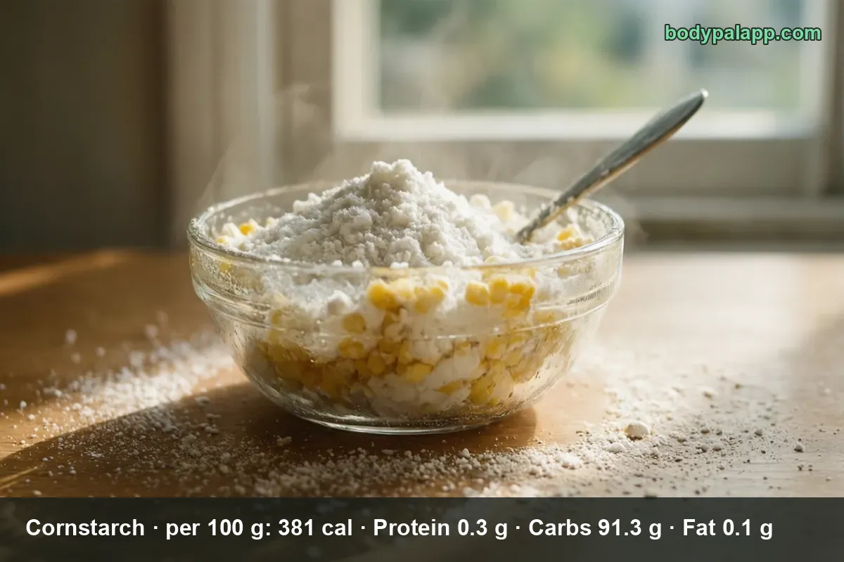 Glass bowl of white powdered cornstarch with a spoon, corn kernels below.