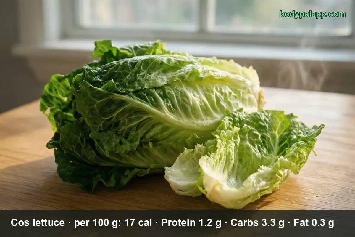 Whole head of cos romaine lettuce with one separated leaf on a wooden board
