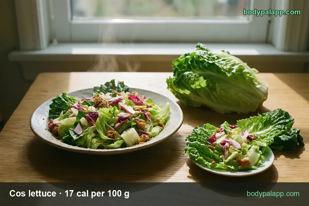 Bowl of shredded romaine salad with radicchio and croutons, whole head behind; 1 cup shredded (47 g) 8 cal and 1 head (626 g) 106 cal