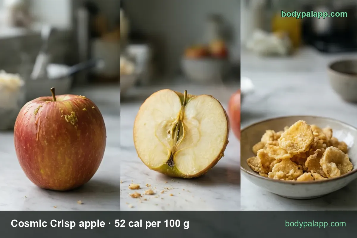 Cosmic Crisp apple whole and halved with seeds beside a bowl of golden flakes; 1 medium (182 g) 95 cal and 1 cup slices (109 g) 57 cal