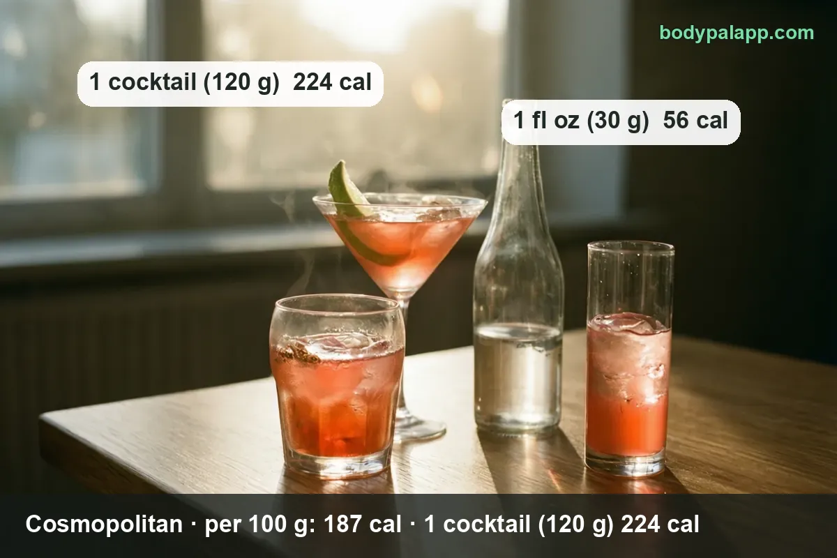 Cosmopolitan in a martini glass with lime and in a low glass with ice; 1 cocktail (120 g) 224 cal, 1 fl oz (30 g) 56 cal