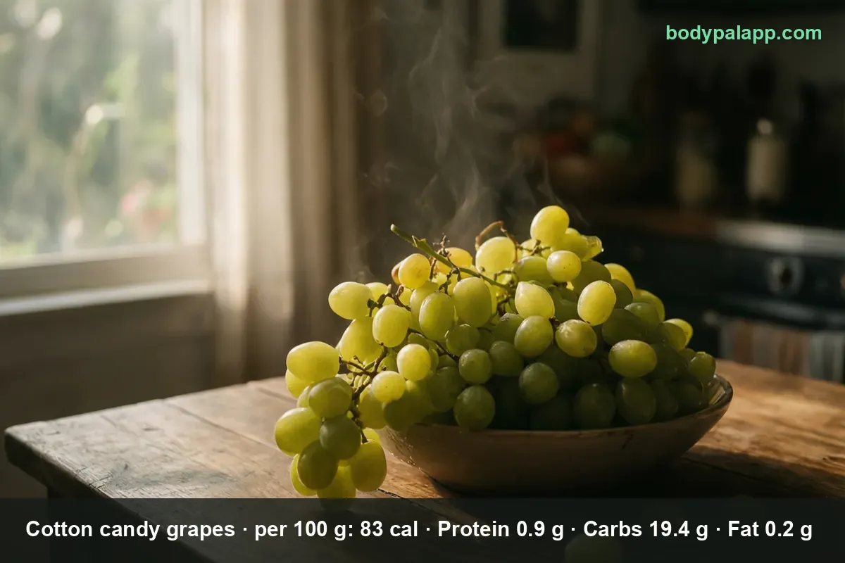 Close-up of fresh green cotton candy grapes on the stem