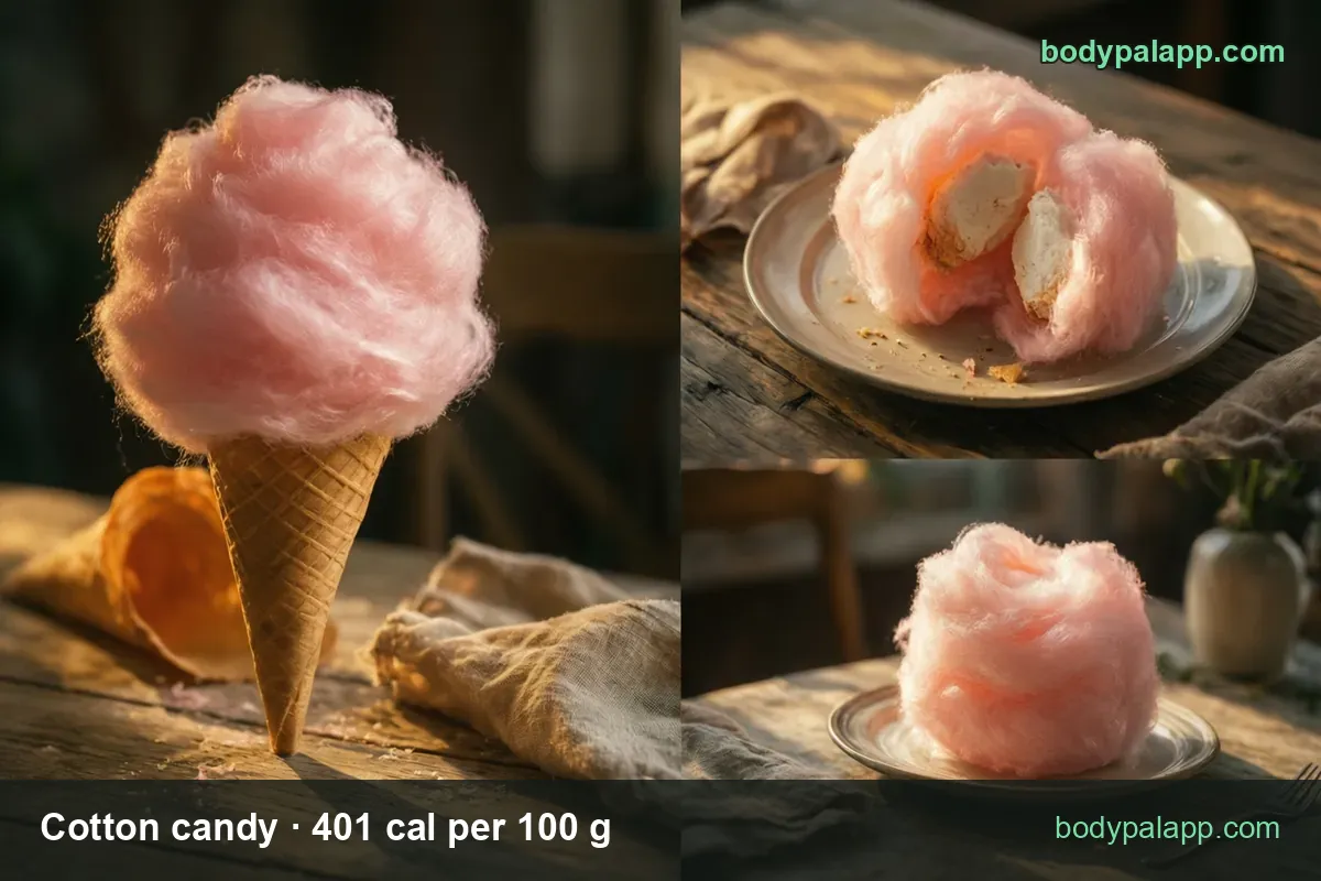 Pink cotton candy on a waffle cone, on a plate around two ice cream scoops, and a ball on a plate, with 30 g and 1 cup chips