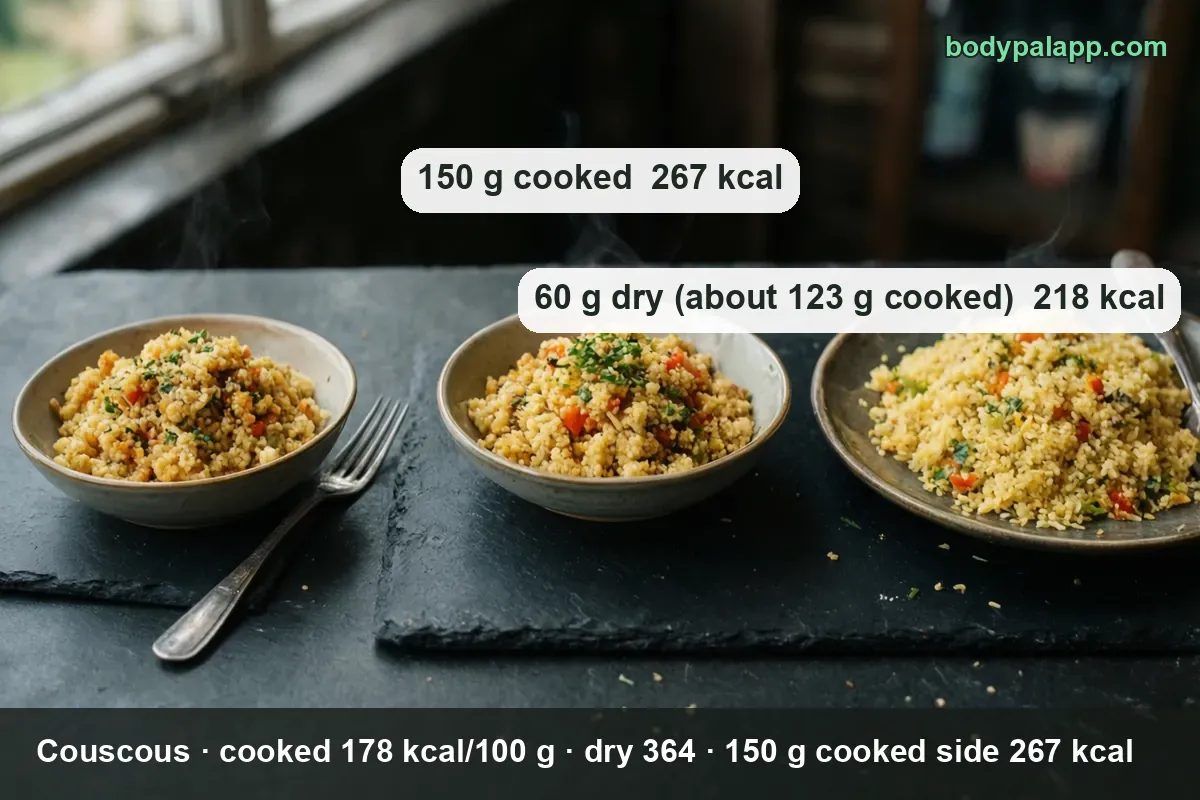 Three bowls of cooked couscous - 267 calories per 150 g side