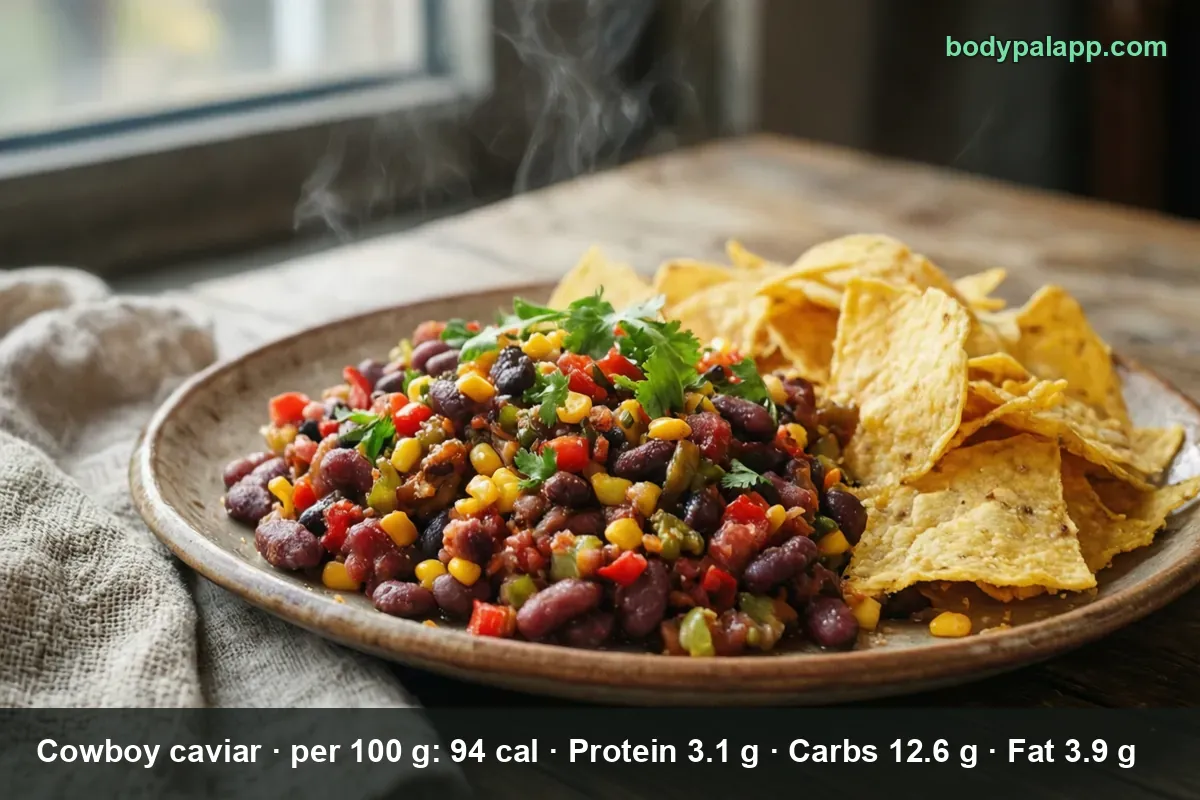 Bowl of cowboy caviar with black beans, corn, peppers and cilantro, steaming tortilla chips beside it