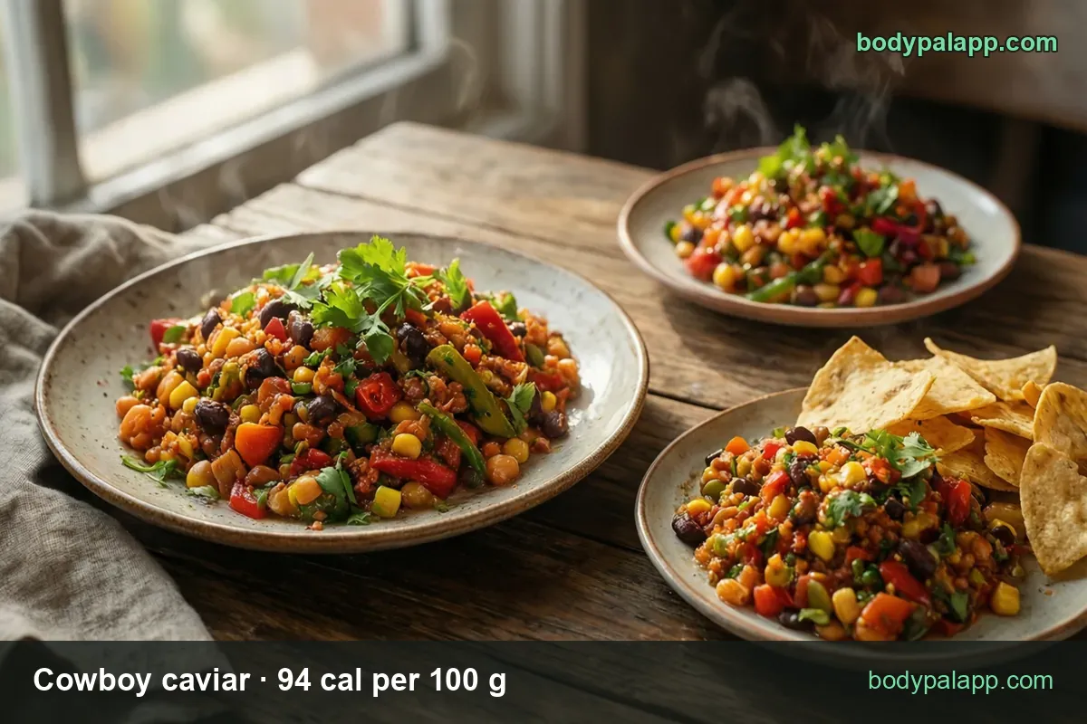 Plates of cowboy caviar with tortilla chips, labeled 1 cup (231 g) 217 cal and 1/2 cup (116 g) 109 cal