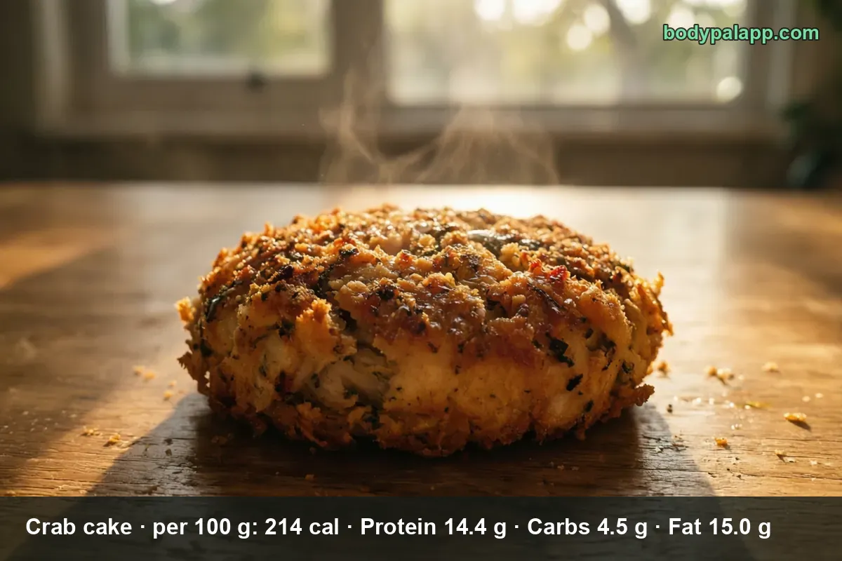 Close-up of one whole crab cake with crisp golden breading and steam rising