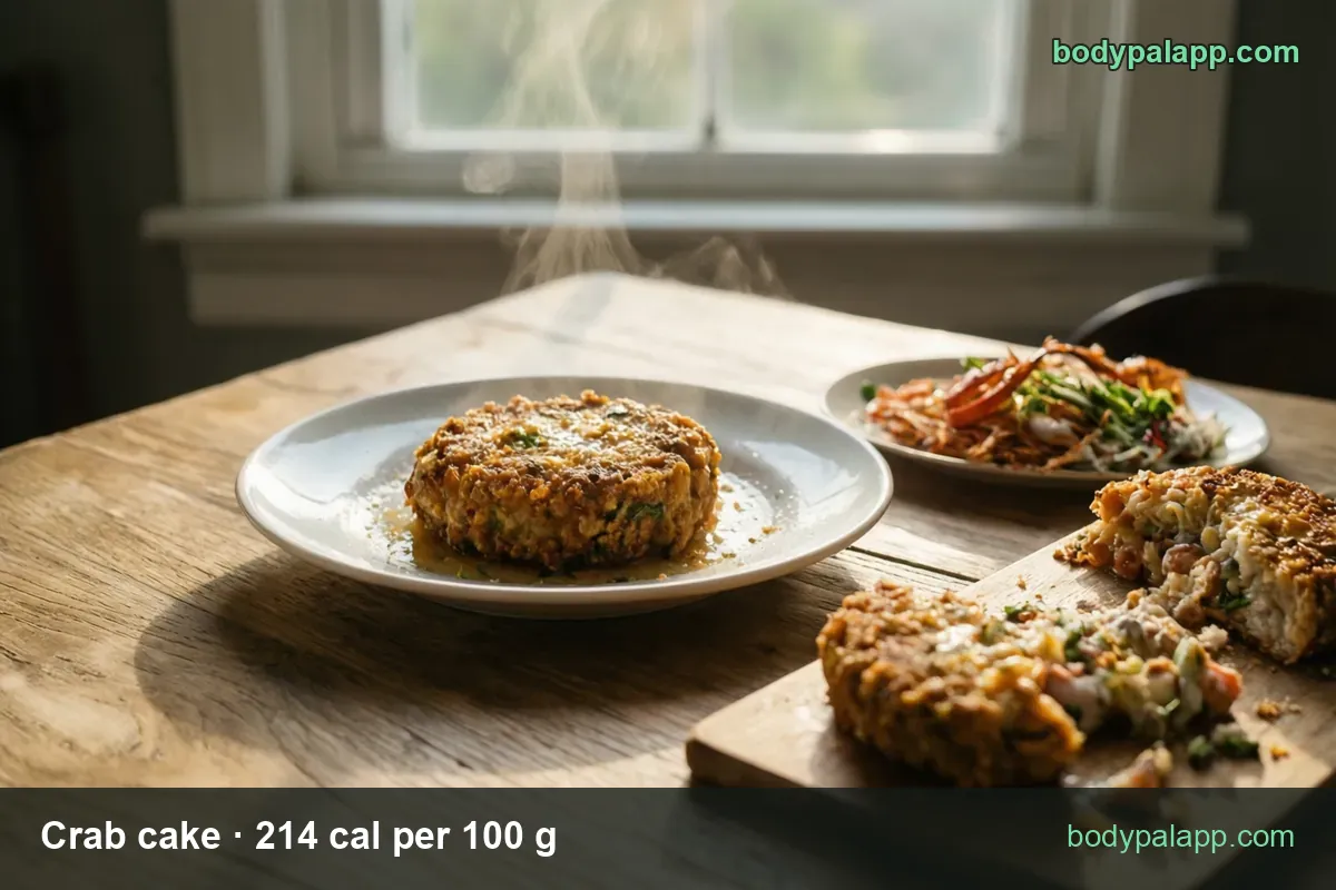 Whole crab cake on a white plate, two cut halves showing the filling, coleslaw behind; 1 cake (85 g) 182 cal, 2 cakes (170 g) 364 cal