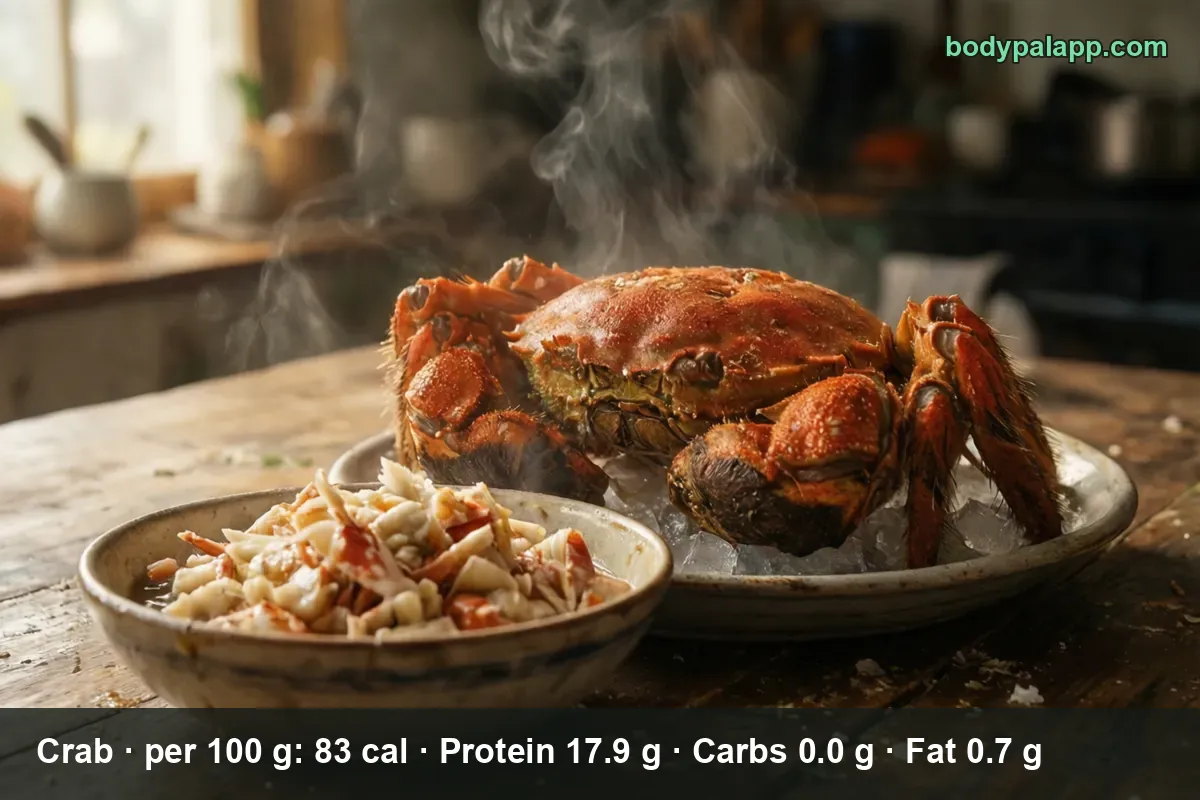 Whole cooked crab on ice on a plate next to a bowl of steaming picked crab meat