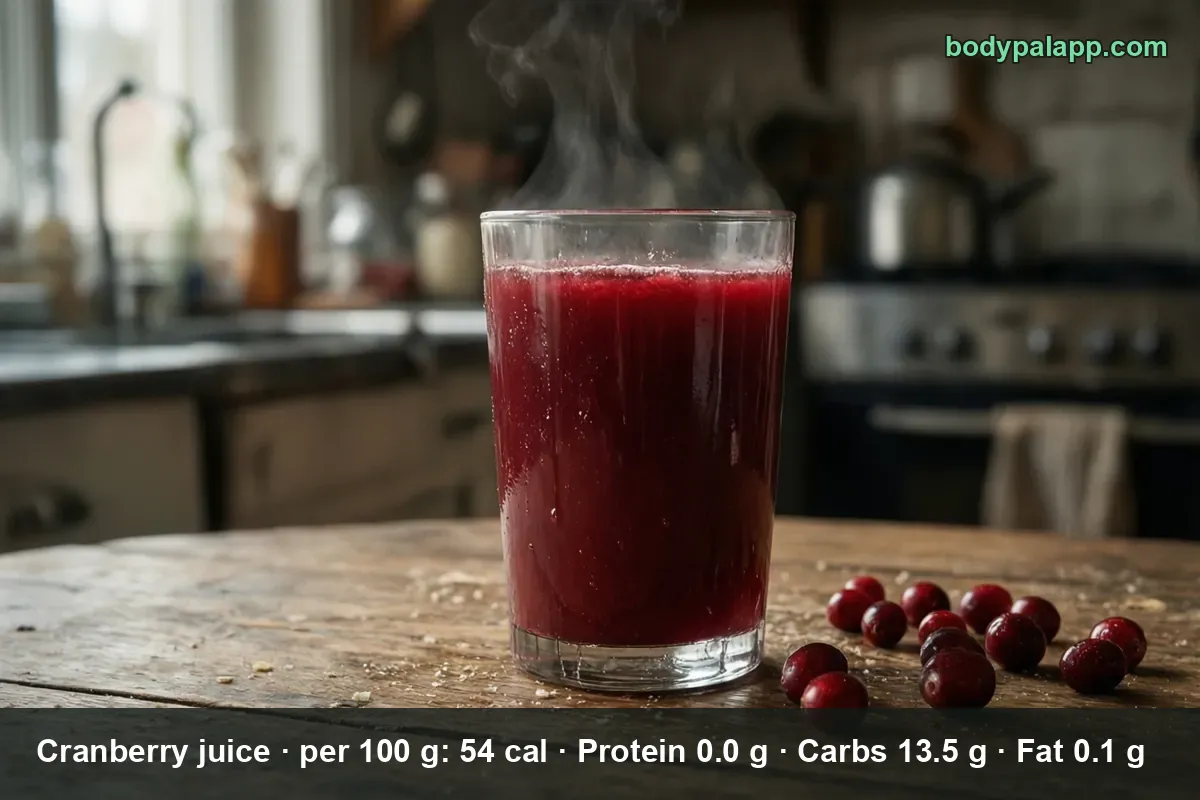 Tall glass of dark red cranberry juice with fresh cranberries beside it