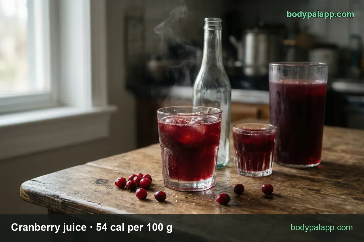 Three glasses of cranberry juice and an empty clear bottle with fresh cranberries: 1 cup (253 g) 137 cal, 4 fl oz (126.5 g) 68 cal