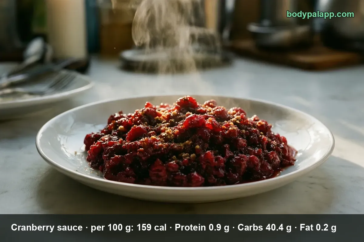 Plate of whole-berry cranberry sauce with visible whole cranberries and crumbs on top, steam rising.