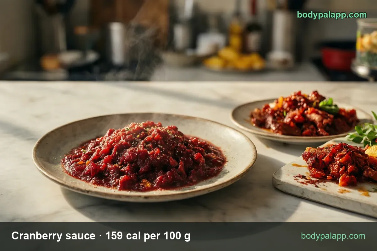 Plate of chunky cranberry sauce with whole berries, marked 1/4 cup (70 g) 111 cal and 1 cup (277 g) 440 cal.