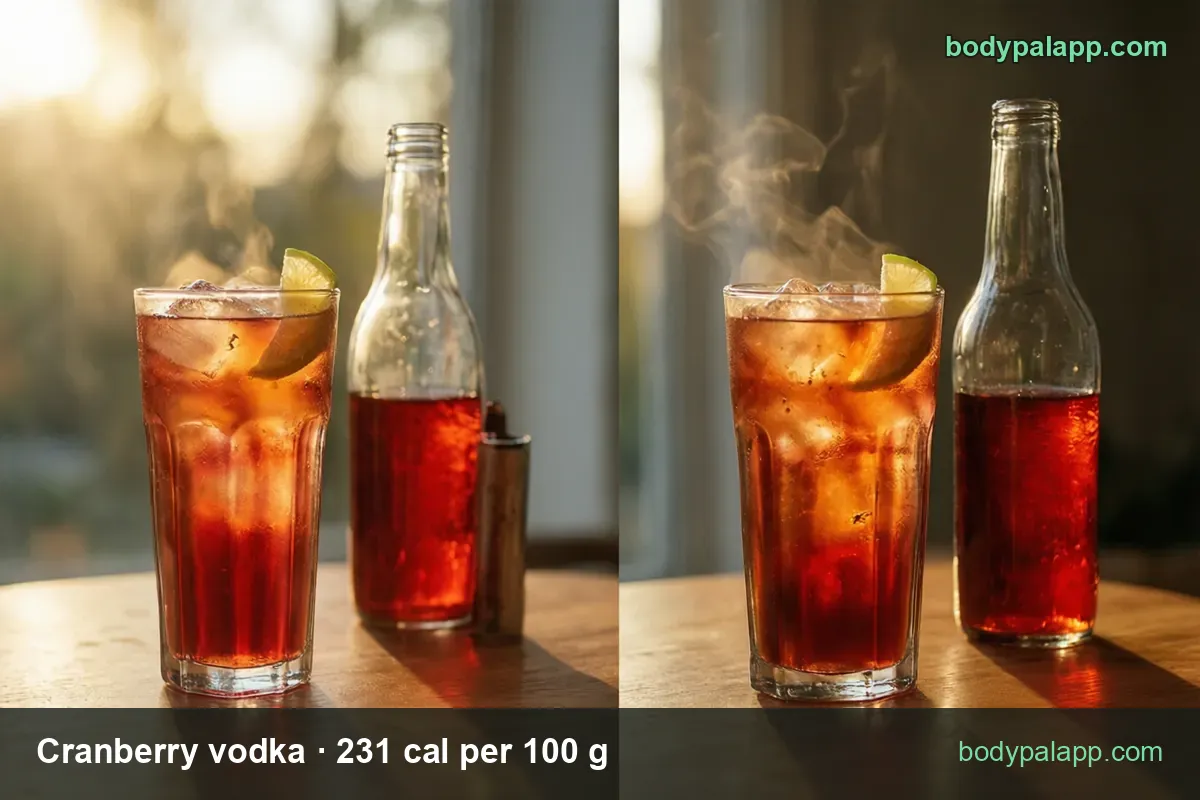 Two cranberry vodka glasses with ice and lime, an unlabeled red bottle and a metal jigger; 1 jigger 97 cal, 1 fl oz 65 cal