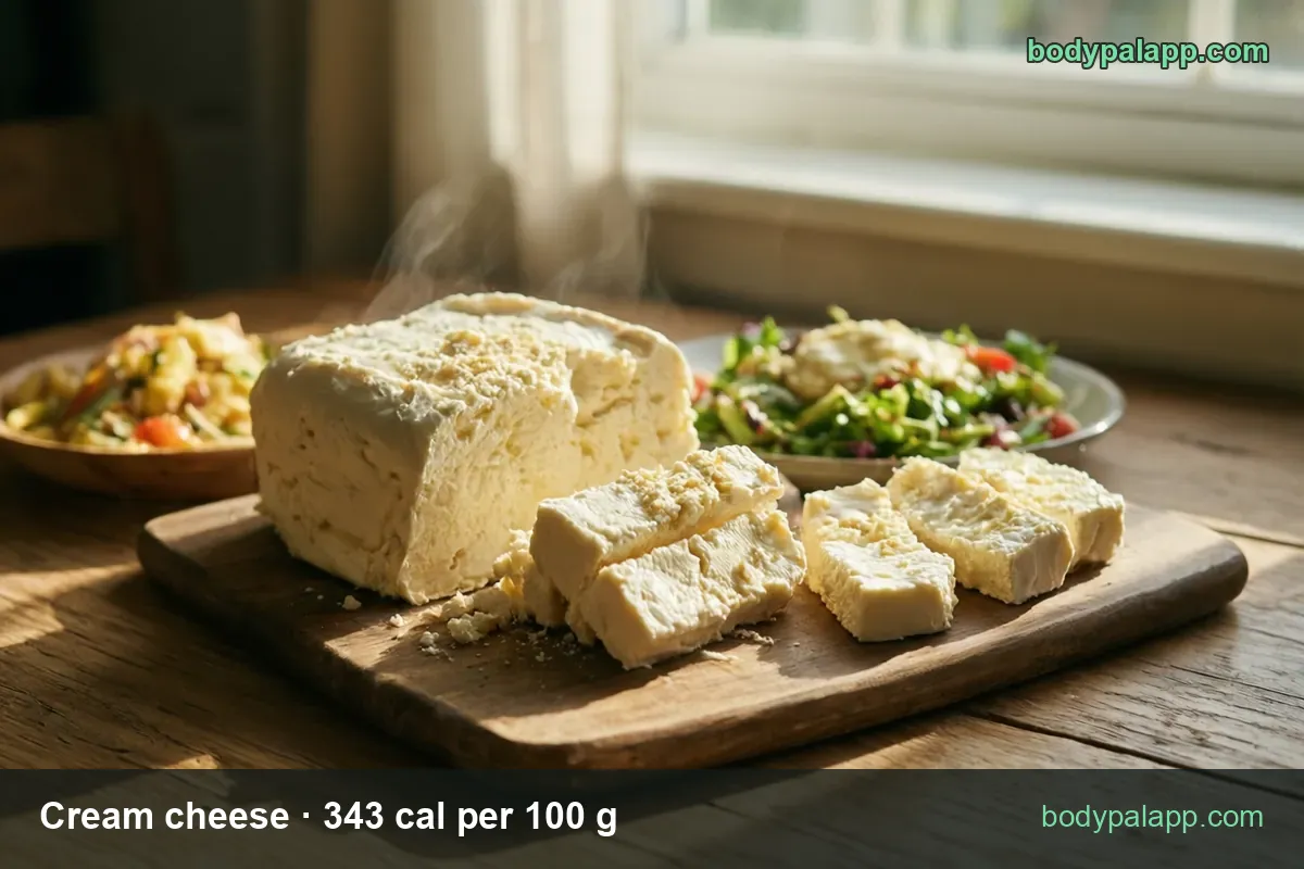 Block of white cream cheese on a board with five cut slices and bowls behind; 2 tbsp (30 g) 103 cal, 1 tbsp (15 g) 51 cal