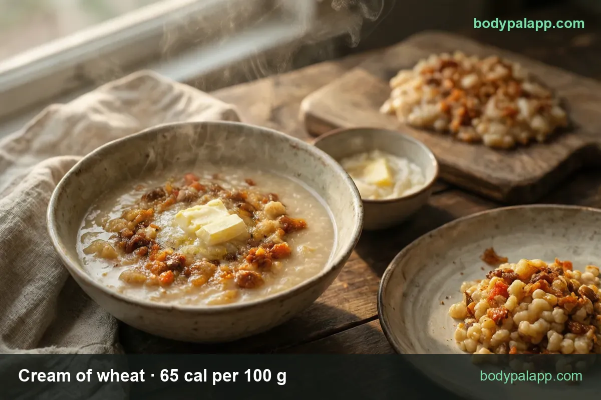 Large bowl of thick cream of wheat with butter and dried fruit, small dish of butter beside it; 1 cup 156 cal, 1/2 cup 78 cal