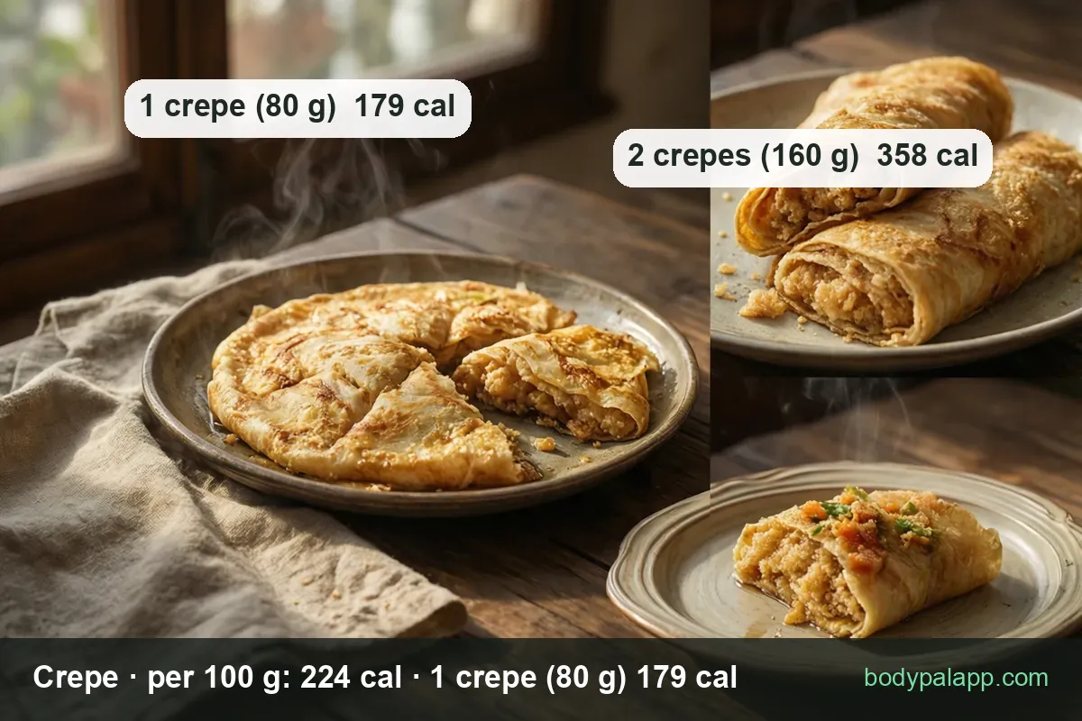 Savory filled crepes: one crepe cut into four and two rolled crepes - 1 crepe (80 g) 179 cal, 2 crepes (160 g) 358 cal
