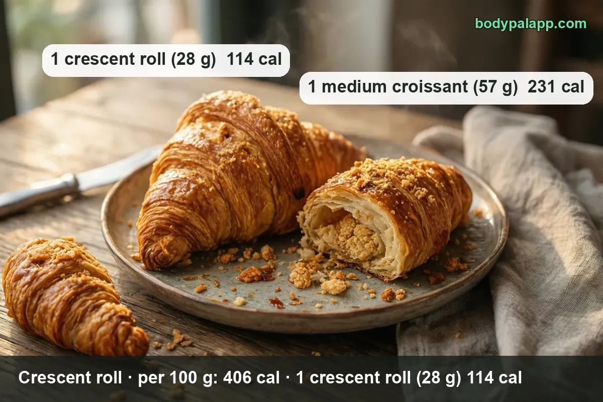Three crescent rolls, one cut open showing flaky layers: 1 crescent roll (28 g) 114 cal, 1 medium croissant (57 g) 231 cal.