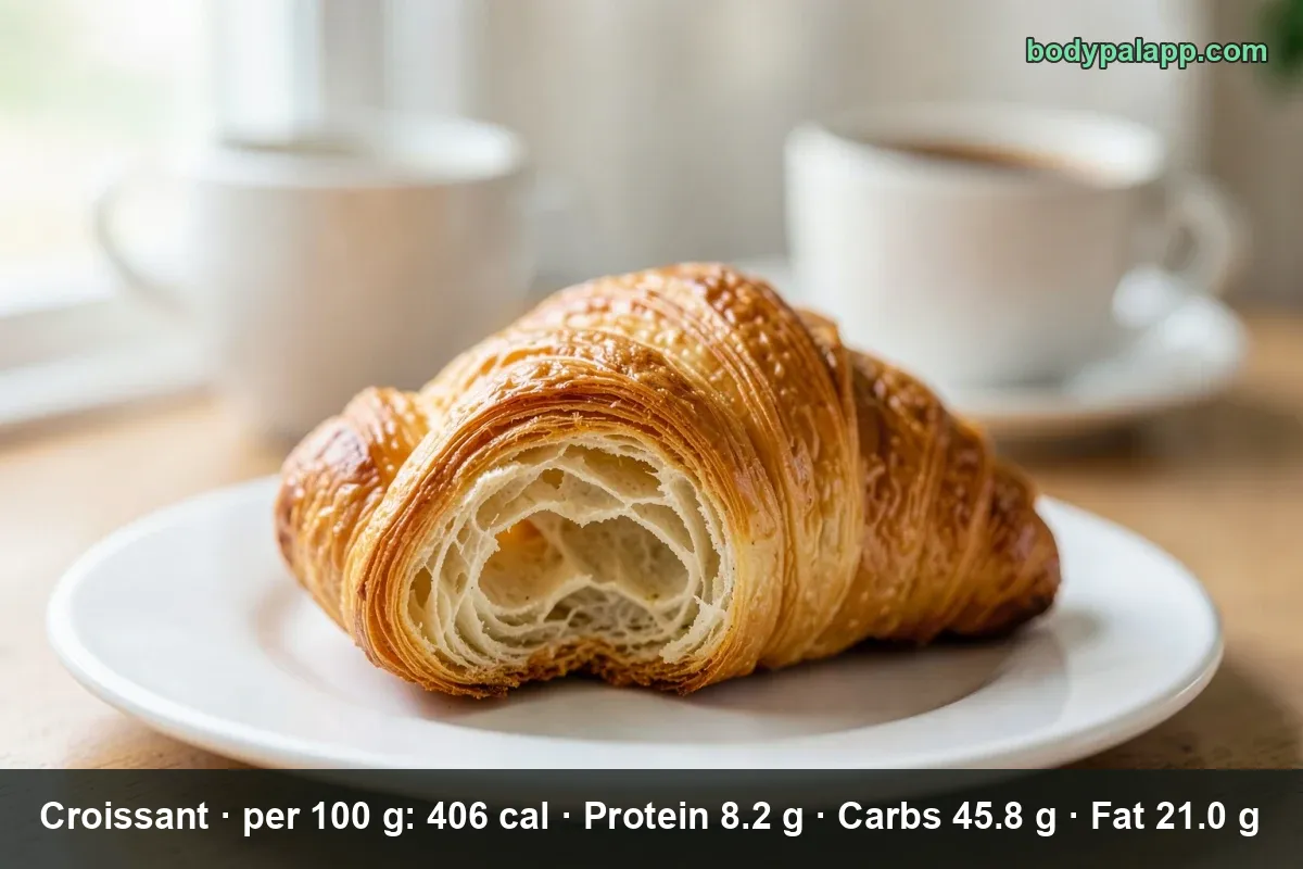 A whole golden butter croissant photographed close up, flaky layered crust