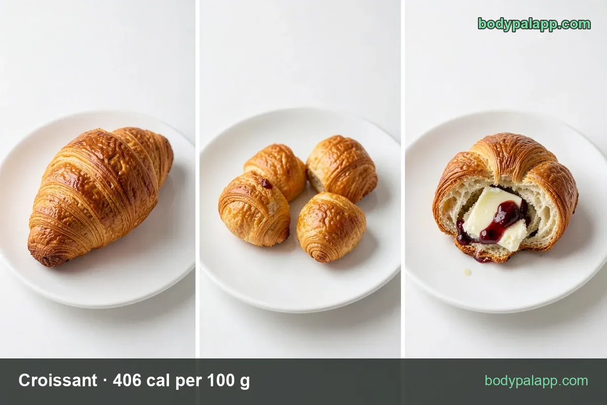 Butter croissant with serving labels: 1 medium croissant (57 g) 231 cal and 1 large croissant (67 g) 272 cal