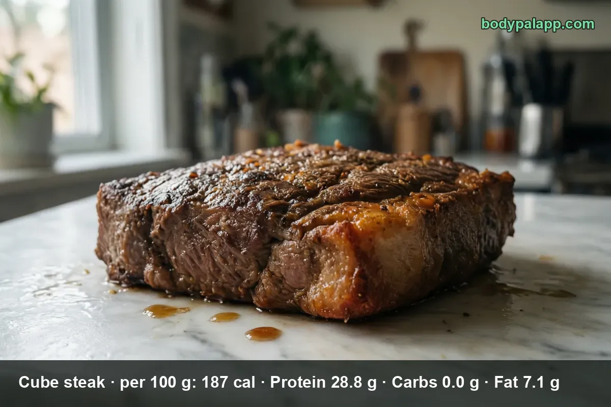 One thick seared beef cube steak resting on a marble countertop