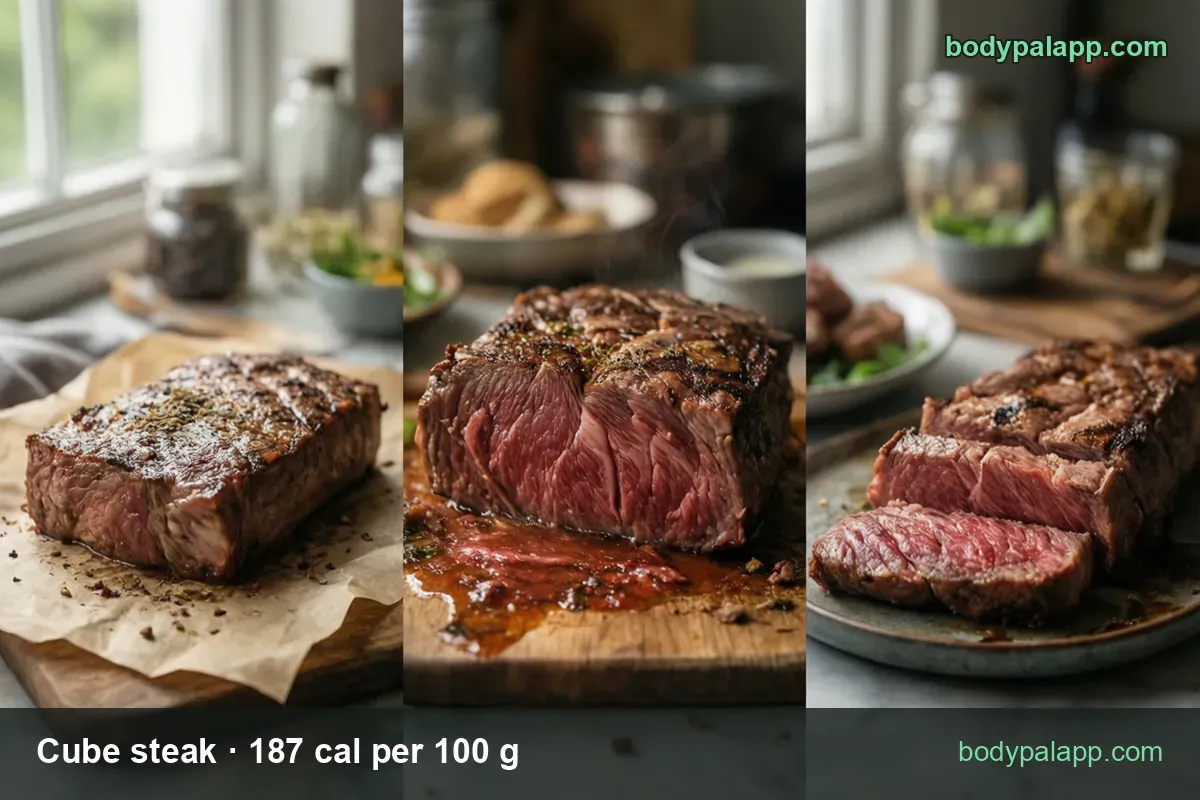 Cooked cube steak whole, sliced open and cut into three slices, with 1 thick steak (240 g) and 1 regular steak (160 g) chips