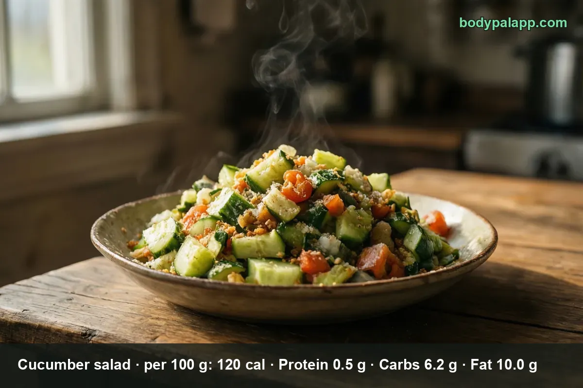 Warm bowl of cucumber salad with diced cucumber, tomato and crumbled cheese