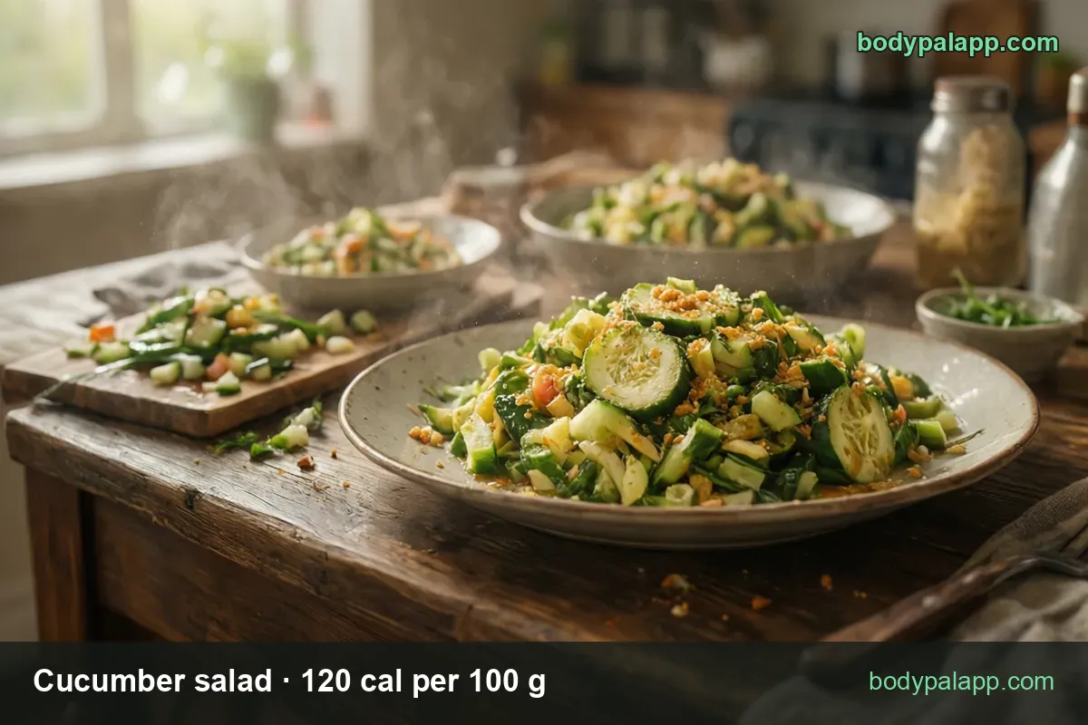 Platter of sliced cucumber salad with crunchy topping, cutting board and two bowls behind it; 1 cup 191 cal, 1/2 cup 96 cal