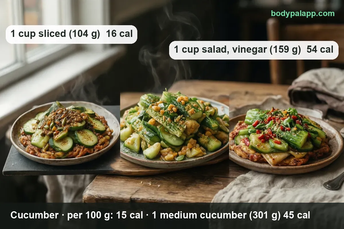 Sliced cucumber with dressing, long split cucumber spears, and cucumber pieces with chili