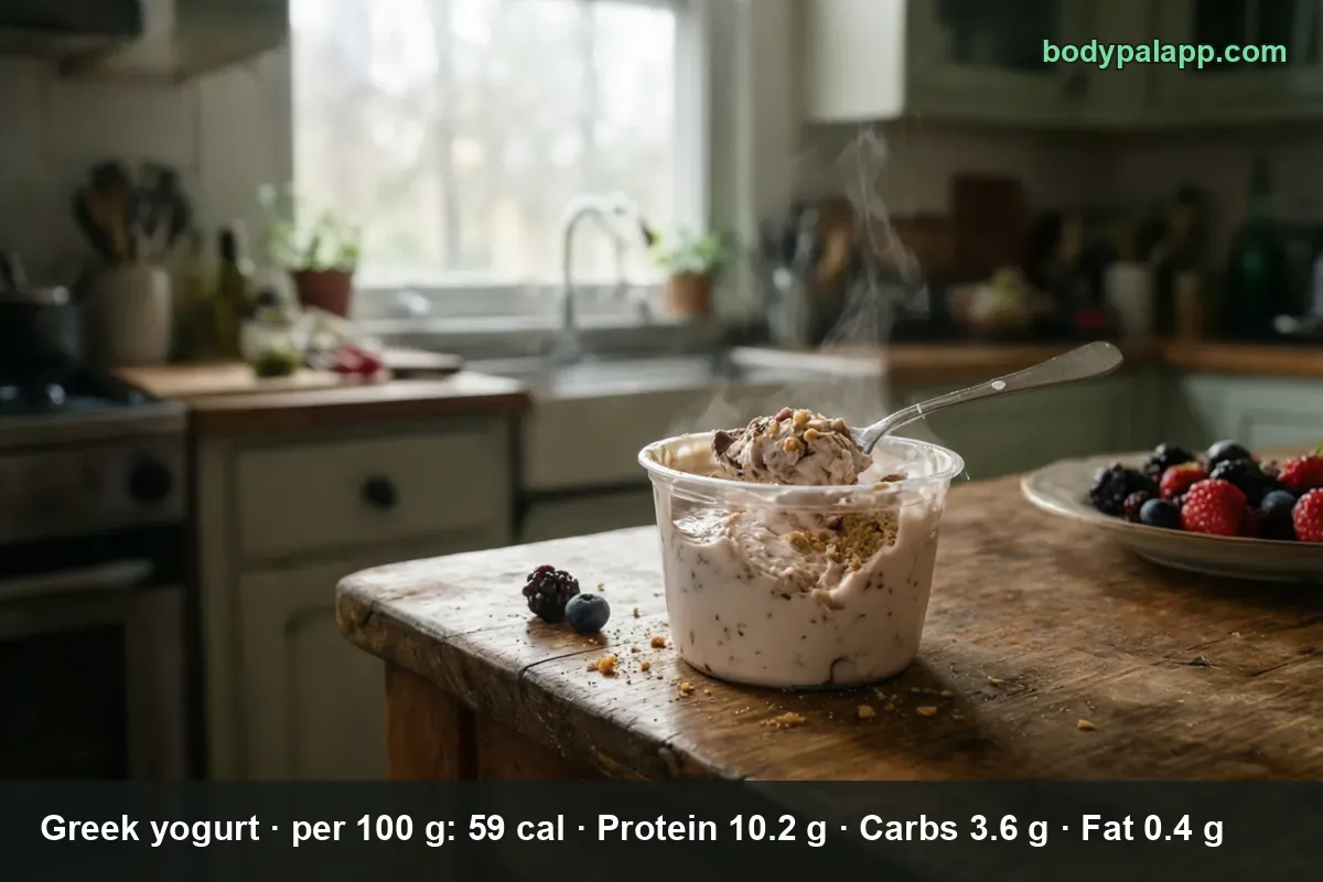 Clear plastic cup of thick Greek yogurt topped with chocolate and nut pieces, spoon inside, bowl of mixed berries behind
