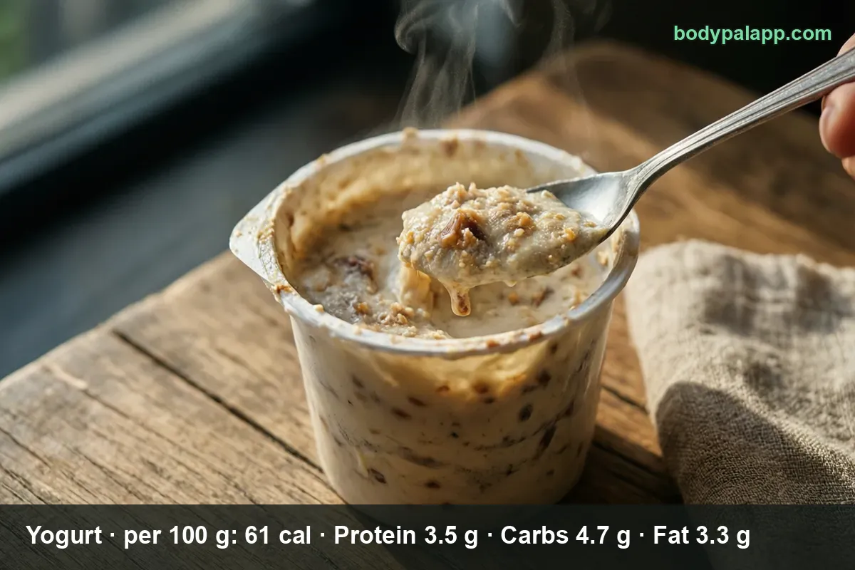 Plastic cup of thick, grainy plain yogurt with brown fruit and granola pieces and a spoon resting in it