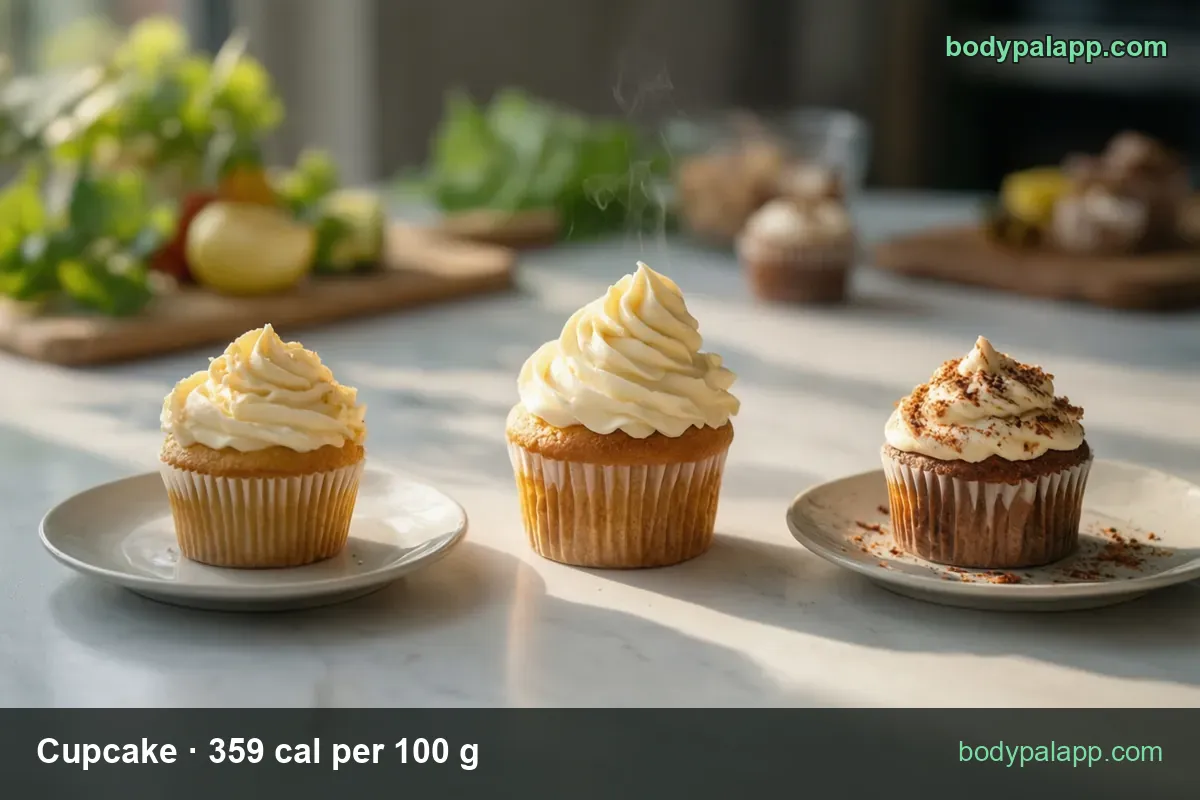 Three cupcakes on marble, two vanilla and one chocolate; labels 1 cupcake (90 g) 323 cal and 1 mini cupcake (30 g) 108 cal