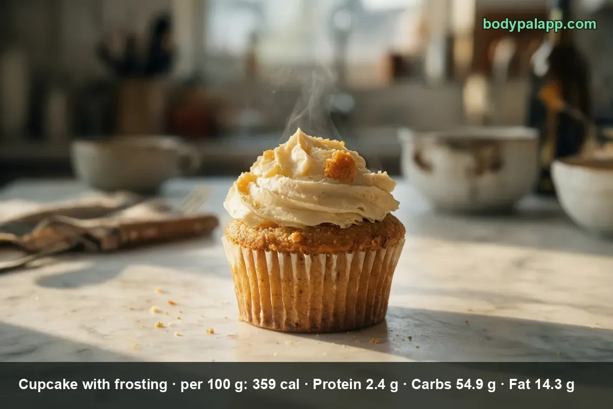 A single cupcake in a paper liner topped with a tall swirl of white frosting