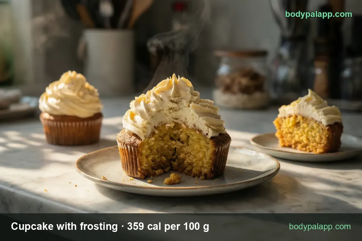 Cut cupcake with white frosting and yellow crumb, whole one behind, half on a small plate; 1 cupcake (90 g) 323 cal, half (45 g) 162 cal