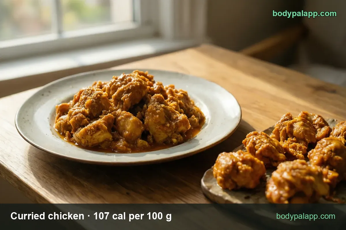Plate of curried chicken in thick orange sauce beside dry crispy chicken pieces; chips 1 cup (240 g) 257 cal and 1/2 cup (120 g) 128 cal
