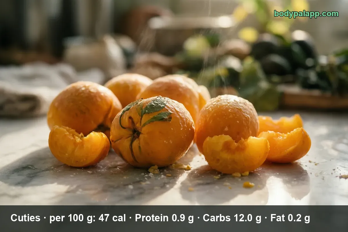 Five whole Cuties mandarins with pebbly orange skin and a green leaf, next to three halved fruits