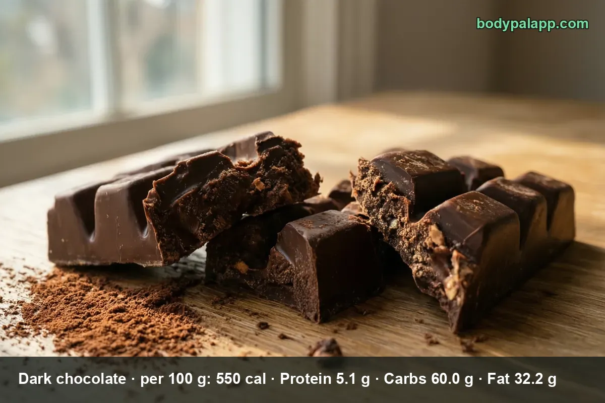 Dark chocolate bar broken into six or seven pieces with rough cross-sections on a wooden board, next to a mound of cocoa powder.