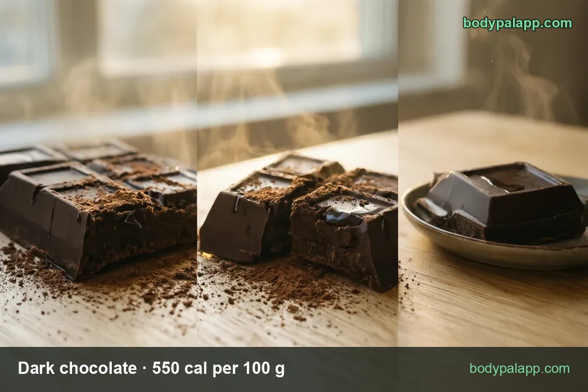 Dark chocolate block with cocoa powder, two broken glossy pieces and one square in a small dish; chips 1 piece 8 g and 1 bar 45 g.