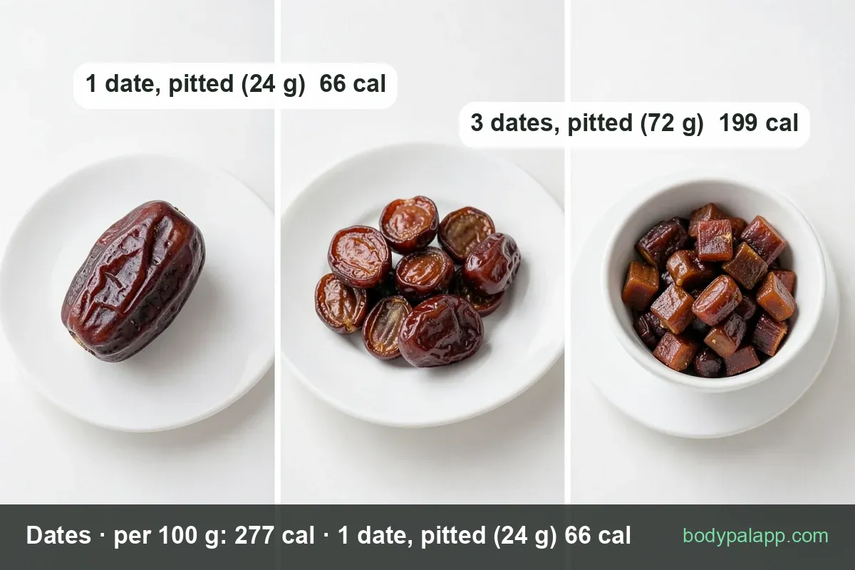 Two bowls of whole dates and one halved date on a marble board with crumbs; chips read 1 date (24 g) 66 cal and 3 dates (72 g) 199 cal.