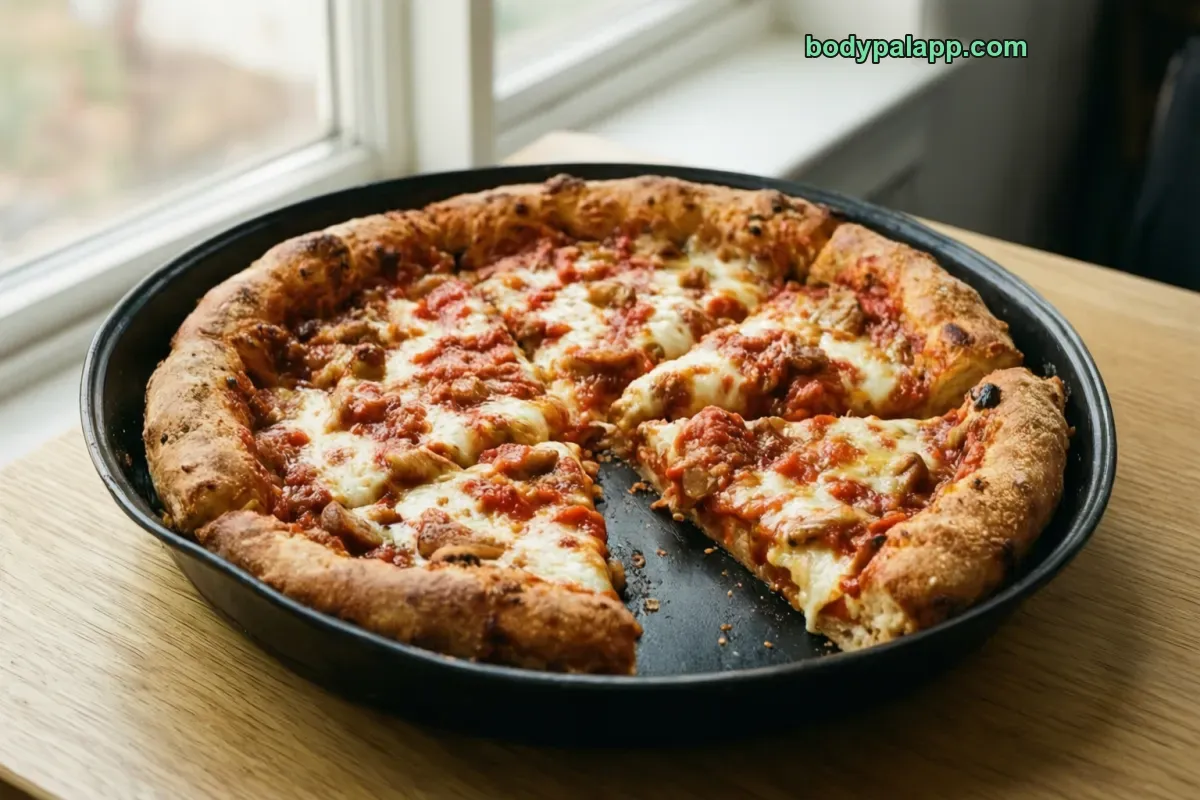 Deep dish pizza, thick crust, cheese