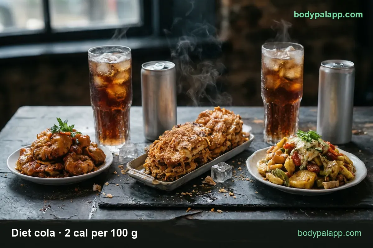Two iced cola glasses and two plain silver cans with three dishes between them; chips 12 fl oz can 7 cal and 8 fl oz glass 5 cal