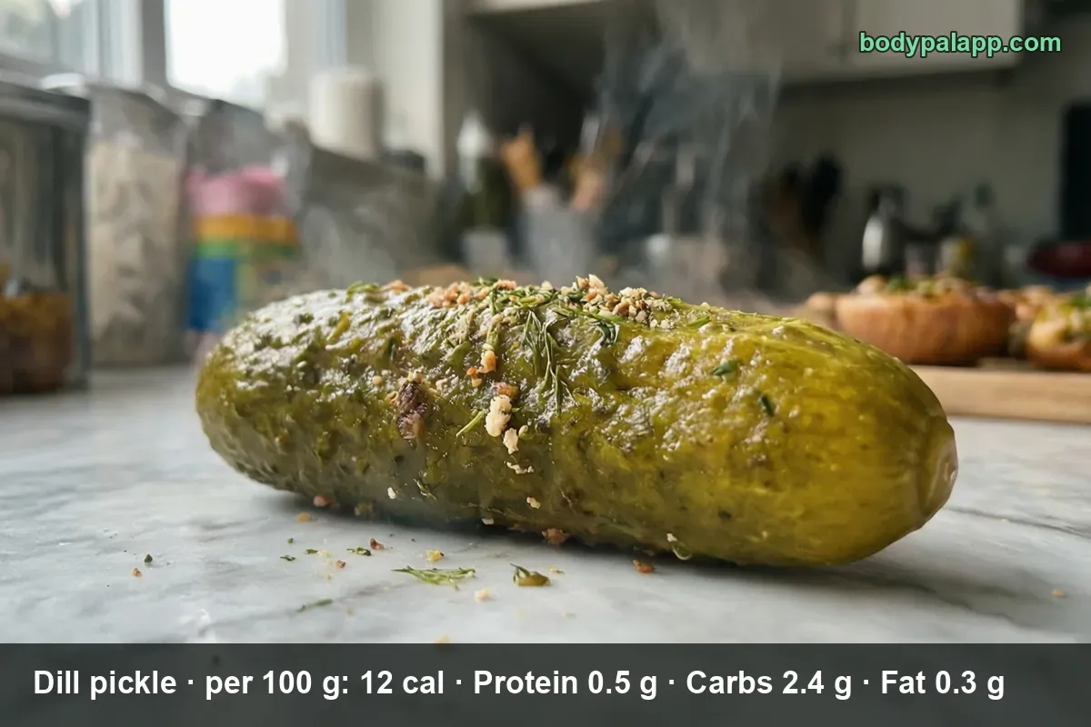 One whole dill pickle with fresh dill and garlic on a marble countertop.