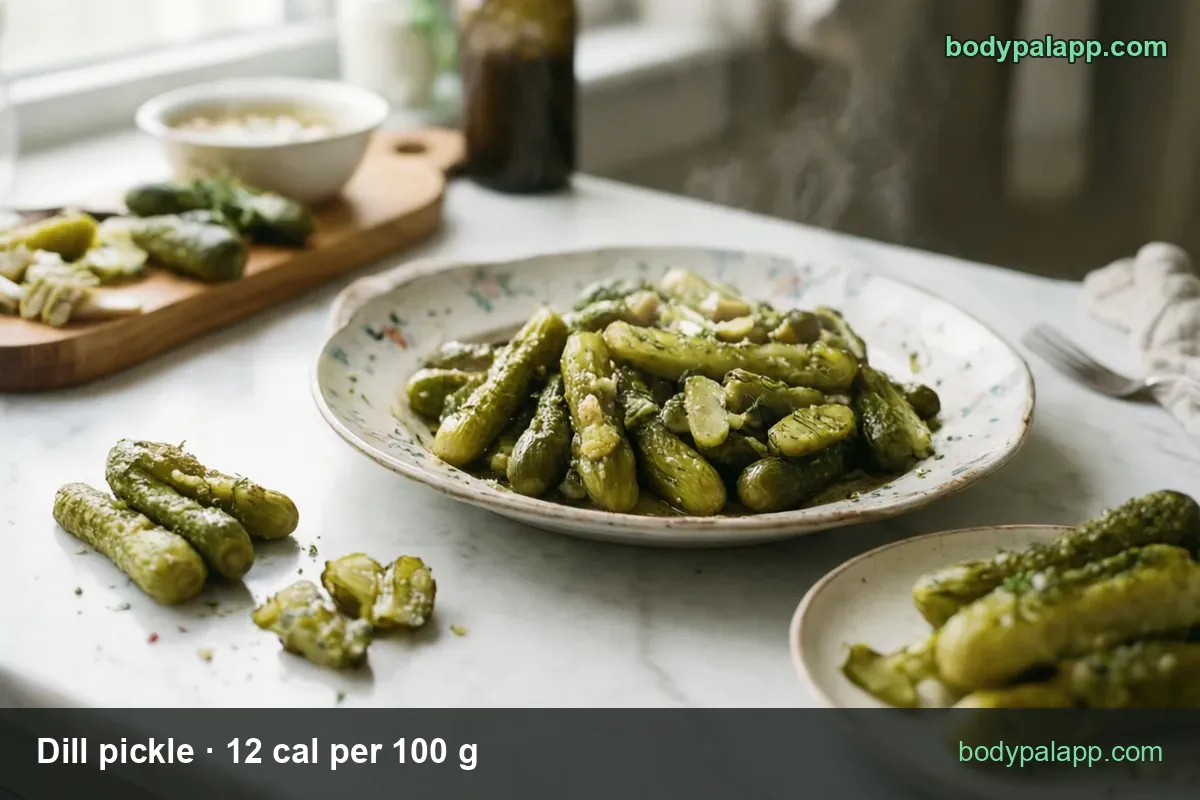 Plates of whole dill pickles with slices and a bowl of brine; chips read 1 large pickle 135 g 16 cal and 1 cup slices 155 g 19 cal.