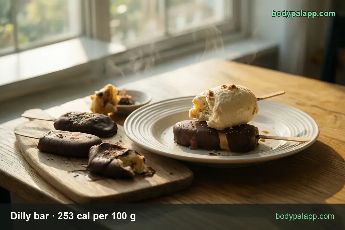 Three chocolate-coated ice cream bars on a board and a plate with two more; chips read 1 bar (87 g) 220 cal and 2 bars (174 g) 440 cal