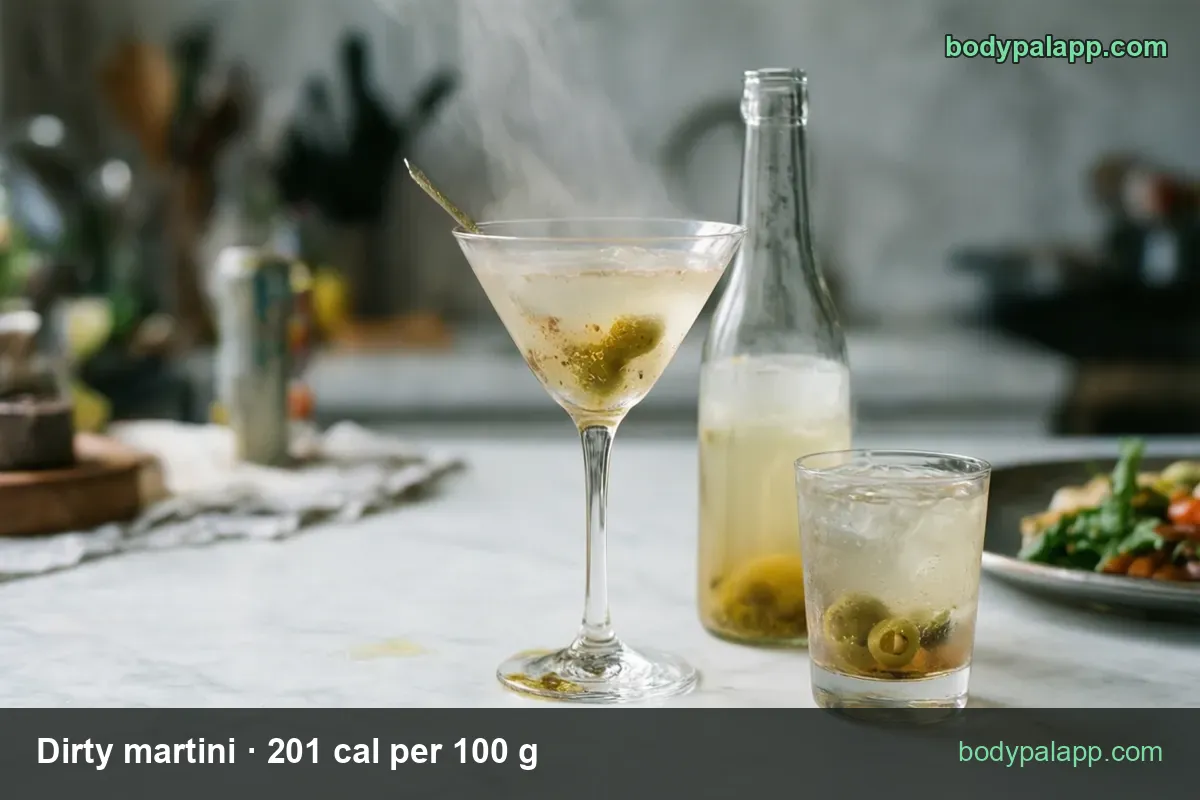 Cloudy dirty martini with an olive pick, a bottle of olive brine and an iced glass; chips: 1 drink 241 cal, 1 fl oz 60 cal