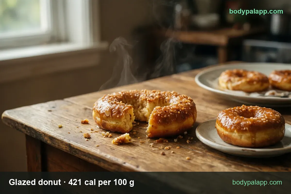 Three glazed donuts with crumb topping on a wooden table, one halved, with 1 medium donut (60 g) 253 cal and 1 large (75 g) 316 cal