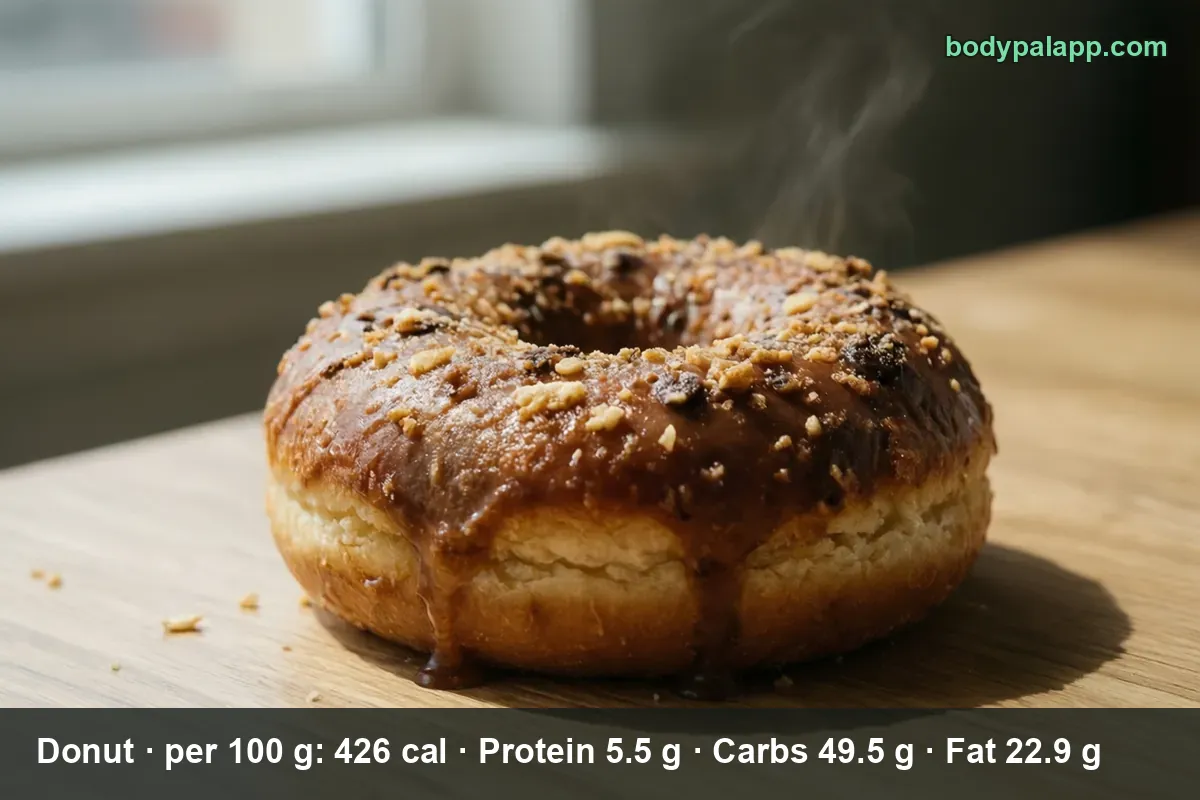 A donut, with one doughnut (75 g) at 320 calories.